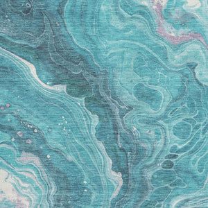 HomeRoots 9' X 12' Teal Gray Silver Abstract Area Rug - Washable, UV Protected, Durable & Stylish for Homes 697643