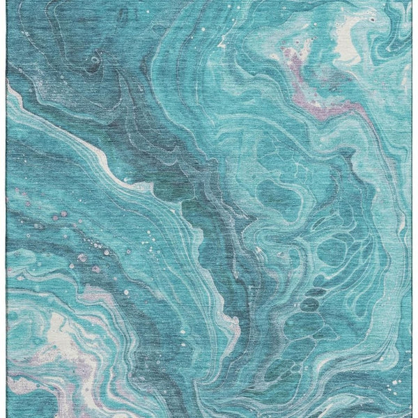 HomeRoots 9' X 12' Teal Gray Silver Abstract Area Rug - Washable, UV Protected, Durable & Stylish for Homes 697643