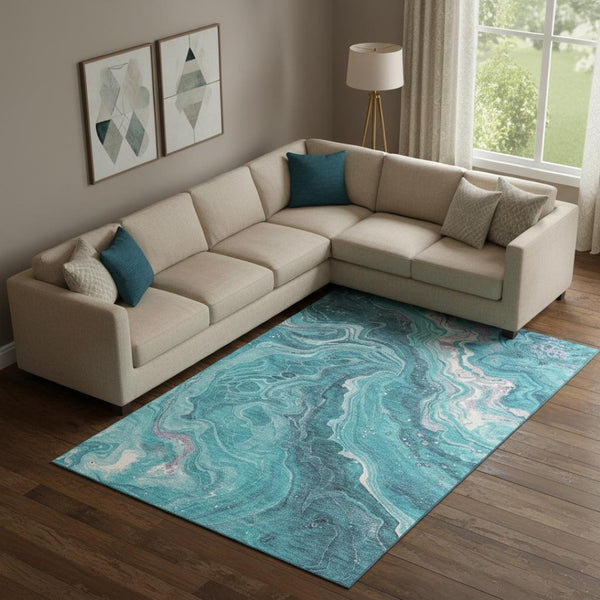 HomeRoots 10' Teal Gray and Silver Abstract Area Rug - Washable, UV-Protected, Durable for Modern Homes! 697644