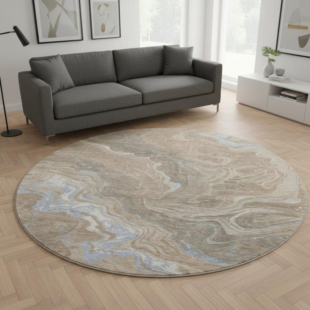 HomeRoots 8' Abstract Washable Round Rug in Taupe Beige & Gray – UV Protected, Stain Resistant, Durable Design 697647