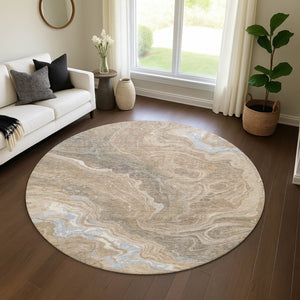 HomeRoots 8' Abstract Washable Round Rug in Taupe Beige & Gray – UV Protected, Stain Resistant, Durable Design 697647