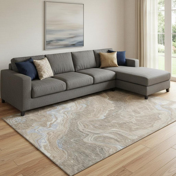 HomeRoots 8' X 10' Durable Abstract Washable Area Rug in Taupe, Beige & Gray with UV Protection & Stain Resistance 697648