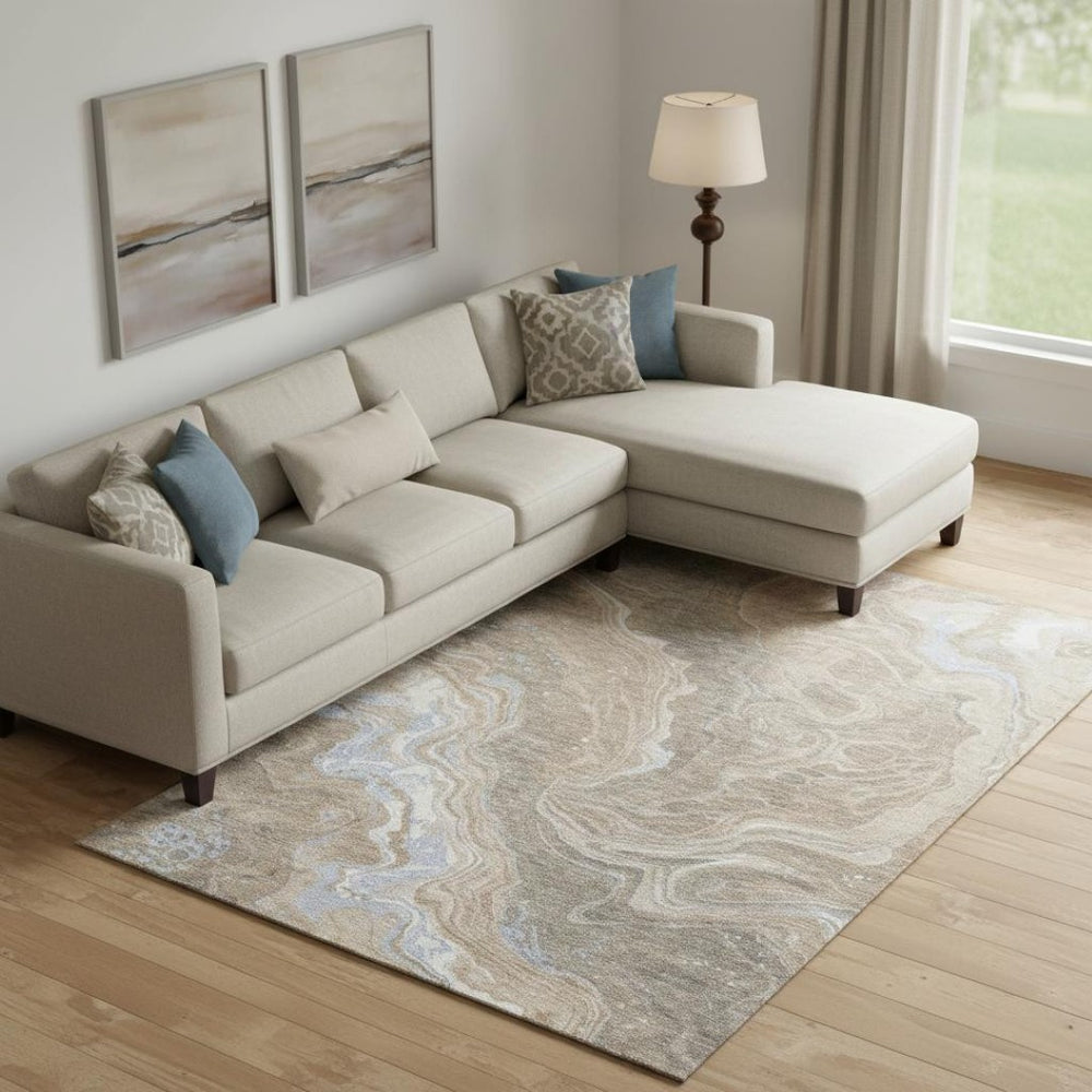HomeRoots 9' X 12' Modern Abstract Taupe, Beige & Gray Area Rug - Washable, UV Protected & Stain Resistant! 697649