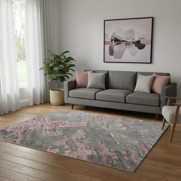 HomeRoots 5' X 8' Abstract Blush Mauve & Gray Washable Area Rug - Soft, Durable, UV Protected for Homes 697652