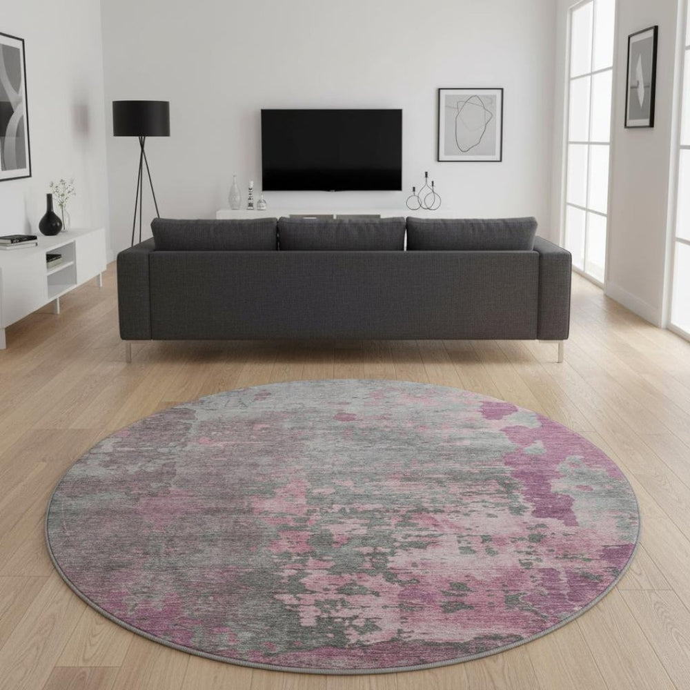 HomeRoots 8' Blush Mauve & Gray Abstract Round Rug - Washable, UV Protected, Stain Resistant for Modern Homes 697653