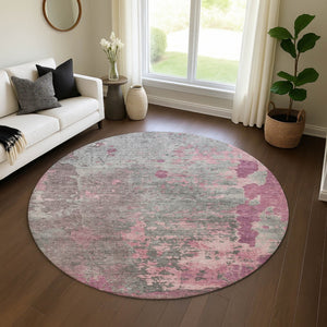 HomeRoots 8' Blush Mauve & Gray Abstract Round Rug - Washable, UV Protected, Stain Resistant for Modern Homes 697653