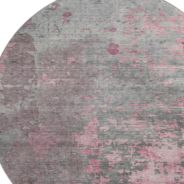 HomeRoots 8' Blush Mauve & Gray Abstract Round Rug - Washable, UV Protected, Stain Resistant for Modern Homes 697653