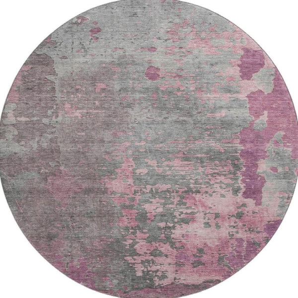 HomeRoots 8' Blush Mauve & Gray Abstract Round Rug - Washable, UV Protected, Stain Resistant for Modern Homes 697653