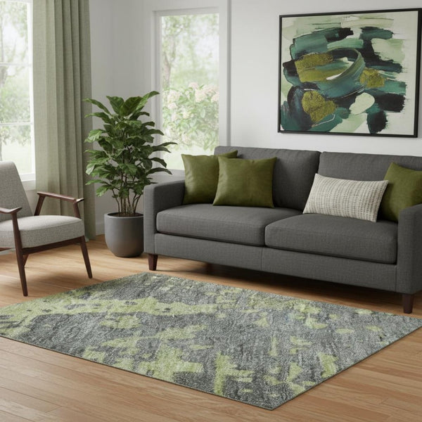 HomeRoots 5' X 8' Artichoke Green & Gray Abstract Washable Area Rug - Durable, UV Protected & Stain Resistant 697658