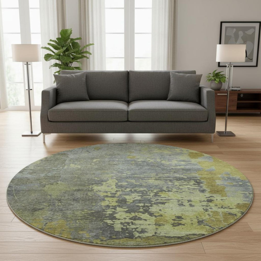 HomeRoots 8' Artichoke Green and Gray Abstract Washable Round Rug - Stylish, Stain-Resistant, UV Protected! 697659