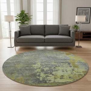 HomeRoots 8' Artichoke Green and Gray Abstract Washable Round Rug - Stylish, Stain-Resistant, UV Protected! 697659