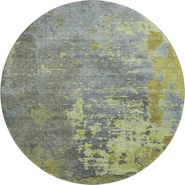 HomeRoots 8' Artichoke Green and Gray Abstract Washable Round Rug - Stylish, Stain-Resistant, UV Protected! 697659