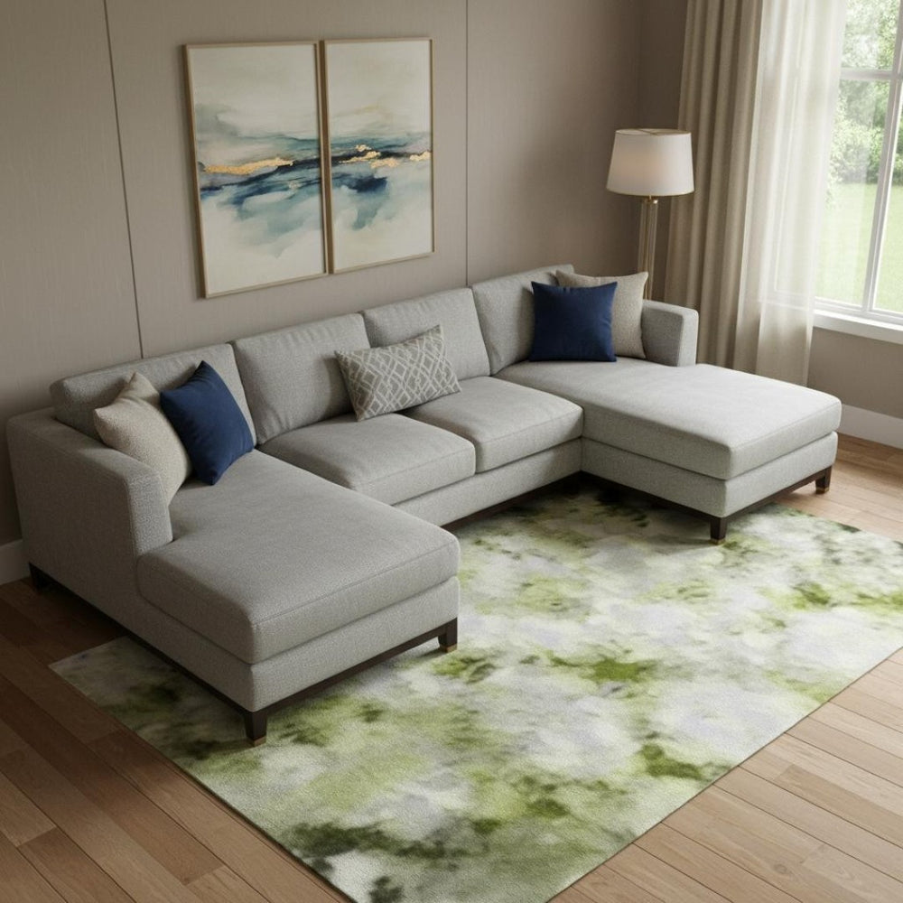 HomeRoots 9' X 12' Artichoke Green & Gray Abstract Washable Area Rug - Durable, UV-Protected, Pet-Friendly Design 697661