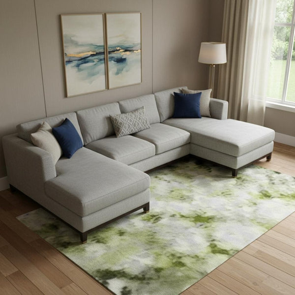 HomeRoots 9' X 12' Artichoke Green & Gray Abstract Washable Area Rug - Durable, UV-Protected, Pet-Friendly Design 697661