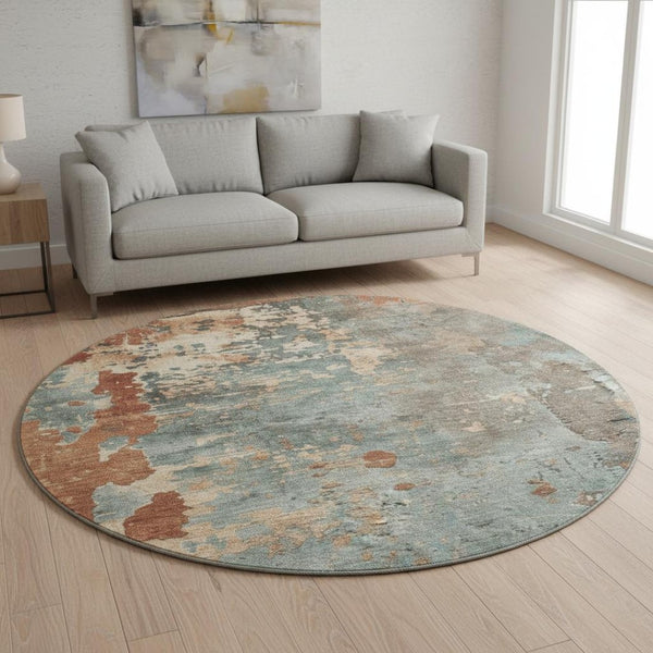 HomeRoots 8' Pale Aqua Round Rug with Abstract Design, UV Protection, Washable & Durable for High-Traffic Areas 697665
