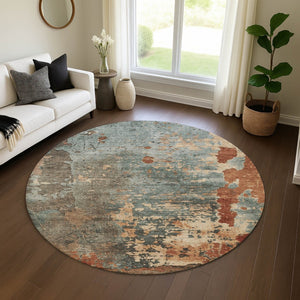 HomeRoots 8' Pale Aqua Round Rug with Abstract Design, UV Protection, Washable & Durable for High-Traffic Areas 697665