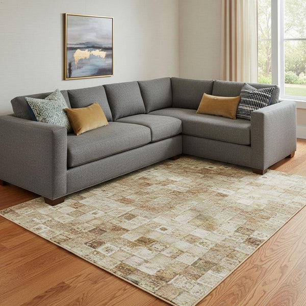 HomeRoots 8' X 10' Abstract Washable Area Rug in Pale Aqua, Copper & Beige - UV Protected & Stain Resistant! 697666