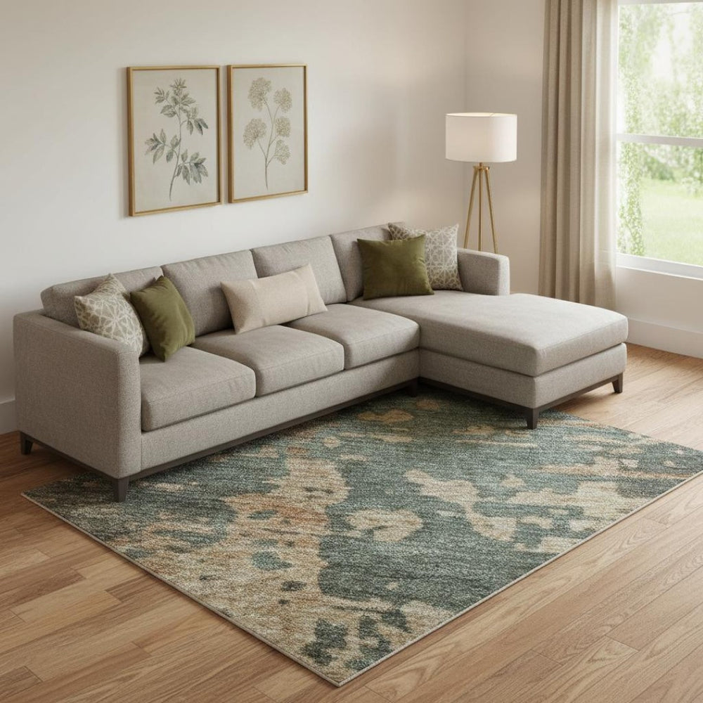 HomeRoots 10' X 14' Pale Aqua Copper Beige Abstract Area Rug – UV Protected, Stain Resistant, Durable Design 697668