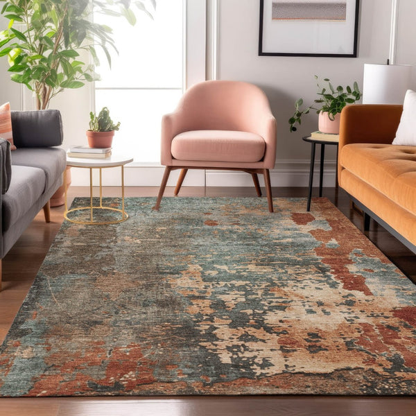 HomeRoots 10' X 14' Pale Aqua Copper Beige Abstract Area Rug – UV Protected, Stain Resistant, Durable Design 697668