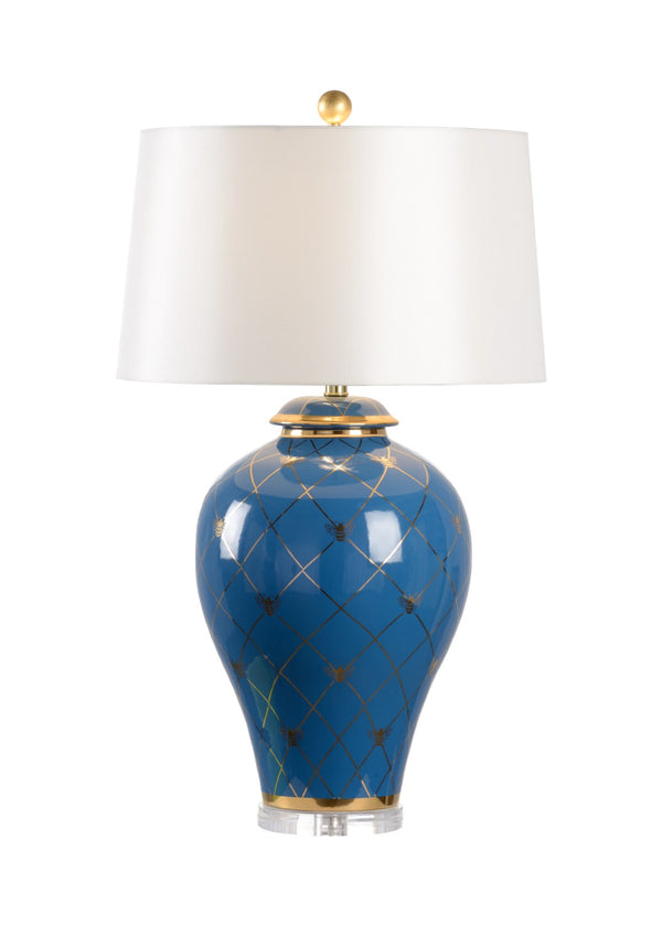Chelsea House Ginger Shayla Copas Blue Glazed Jar Lamp With Gold Geometric Accents, Regal Bee Motif, 33" Height 69767