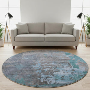 HomeRoots 8' Teal Taupe and Blue Abstract Washable Round Rug - Durable, UV-Protected for High-Traffic Spaces 697671
