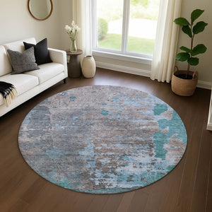 HomeRoots 8' Teal Taupe and Blue Abstract Washable Round Rug - Durable, UV-Protected for High-Traffic Spaces 697671