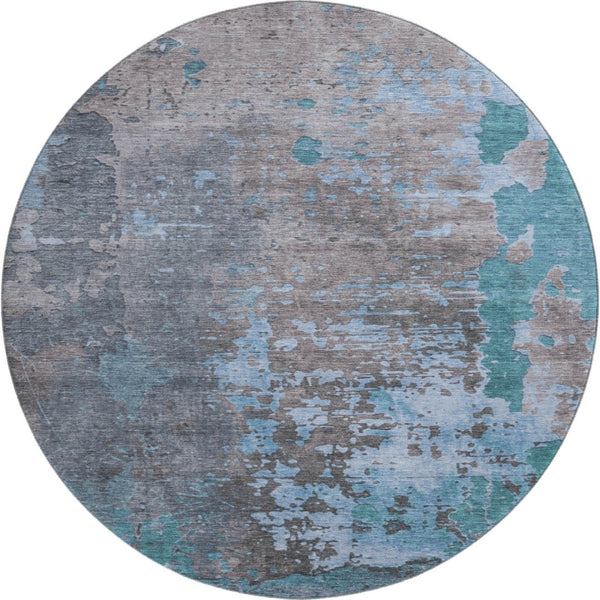 HomeRoots 8' Teal Taupe and Blue Abstract Washable Round Rug - Durable, UV-Protected for High-Traffic Spaces 697671