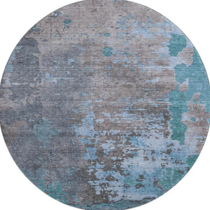HomeRoots 8' Teal Taupe and Blue Abstract Washable Round Rug - Durable, UV-Protected for High-Traffic Spaces 697671