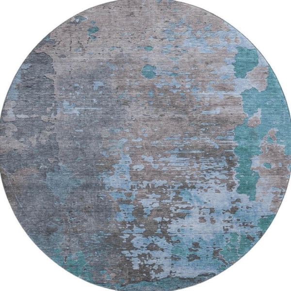 HomeRoots 8' Teal Taupe and Blue Abstract Washable Round Rug - Durable, UV-Protected for High-Traffic Spaces 697671