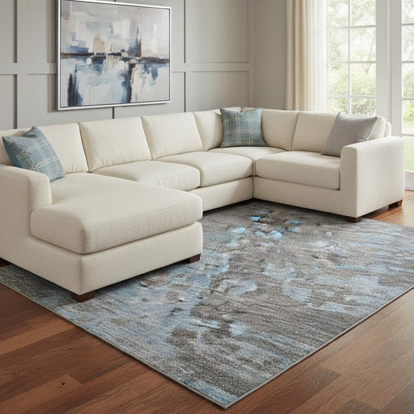 HomeRoots 8' X 10' Teal, Taupe & Blue Abstract Washable Area Rug with UV Protection for High-Traffic Spaces 697672