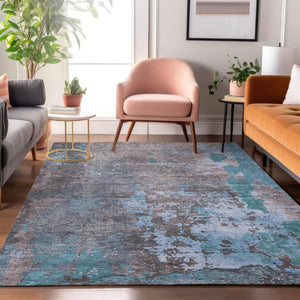 HomeRoots 10' X 14' Teal Taupe & Blue Abstract Area Rug - Washable, UV Protected, Family-Friendly Design! 697674