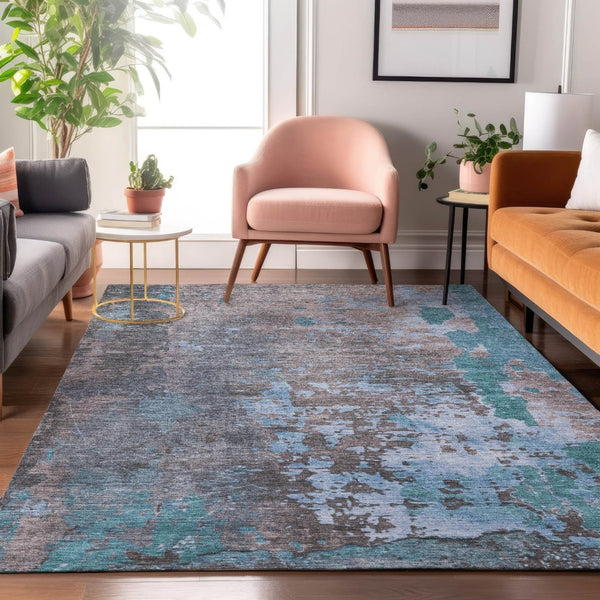 HomeRoots 10' X 14' Teal Taupe & Blue Abstract Area Rug - Washable, UV Protected, Family-Friendly Design! 697674