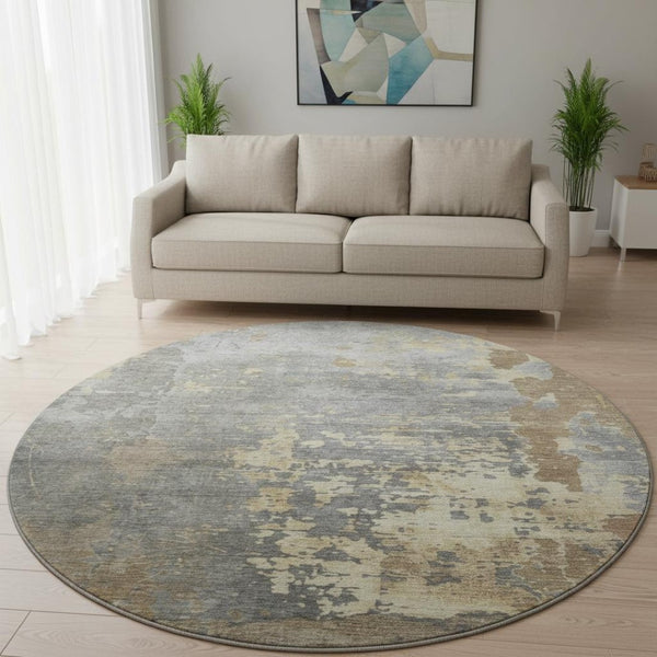 HomeRoots 8' Modern Abstract Washable Round Rug in Taupe & Gray - UV Protected, Family-Friendly Design! 697677