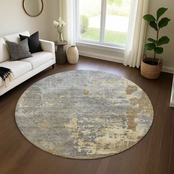 HomeRoots 8' Modern Abstract Washable Round Rug in Taupe & Gray - UV Protected, Family-Friendly Design! 697677