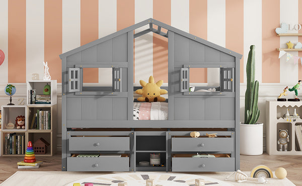 English Elm Full Size House Loft Bed With Roof & Windows, 4 Storage Drawers, Safe Pine Frame In Grey Finish W504S00241