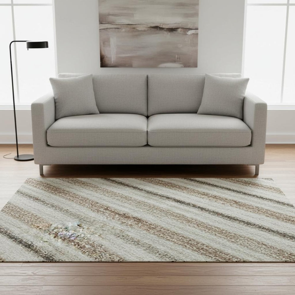 HomeRoots 8' Beige Ivory and Brown Striped Washable Round Rug - UV Protected, Durable, Stylish for Any Room 697683