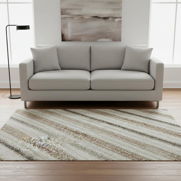 HomeRoots 8' Beige Ivory and Brown Striped Washable Round Rug - UV Protected, Durable, Stylish for Any Room 697683