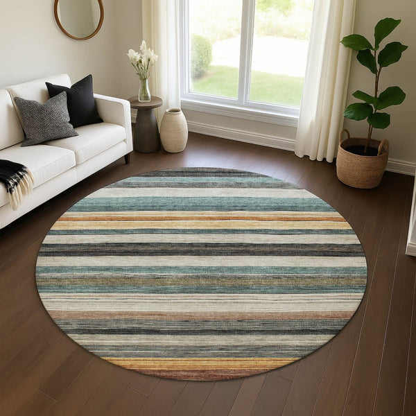 HomeRoots 8' Beige Ivory and Brown Striped Washable Round Rug - UV Protected, Durable, Stylish for Any Room 697683