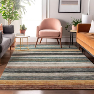 HomeRoots 8' X 10' Striped Washable Area Rug - Beige, Ivory & Brown with UV Protection for Modern Homes 697684