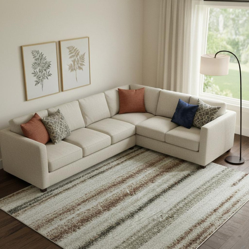 HomeRoots 10' X 14' Beige Ivory Brown Striped Area Rug - Washable, UV Protected, Stain Resistant, Durable Design 697686