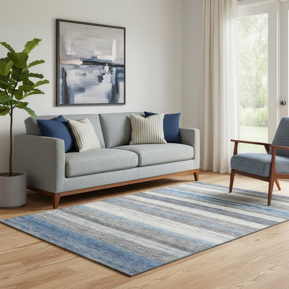 HomeRoots 5' X 8' Coastal Denim Blue Striped Washable Area Rug with UV Protection for Busy Homes & Pets 697688