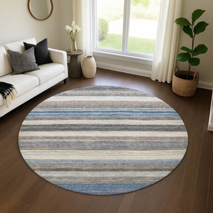 HomeRoots 8' Denim Blue, Ivory & Gray Striped Round Rug - Washable, UV-Protected for Indoor & Outdoor Use! 697689