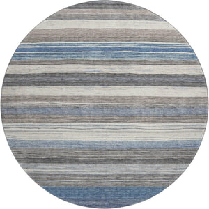 HomeRoots 8' Denim Blue, Ivory & Gray Striped Round Rug - Washable, UV-Protected for Indoor & Outdoor Use! 697689