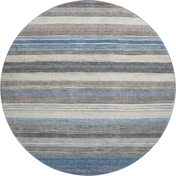 HomeRoots 8' Denim Blue, Ivory & Gray Striped Round Rug - Washable, UV-Protected for Indoor & Outdoor Use! 697689