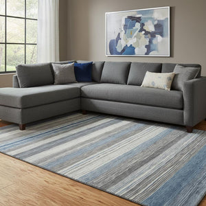 HomeRoots 8' X 10' Denim Blue Striped Area Rug – Durable, Washable & UV-Protected for High-Traffic Spaces! 697690