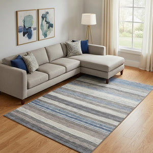 HomeRoots 9' X 12' Denim Blue Striped Area Rug - Washable, UV-Protected, Durable Design for Busy Homes 697691