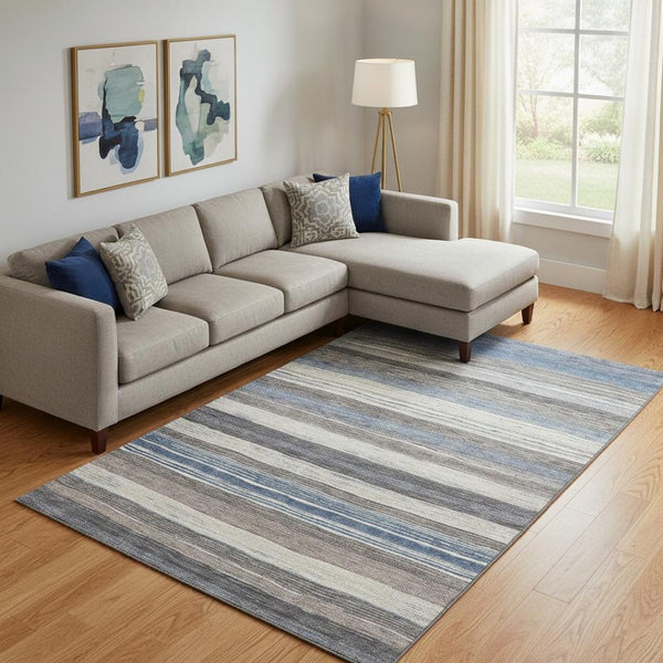 HomeRoots 9' X 12' Denim Blue Striped Area Rug - Washable, UV-Protected, Durable Design for Busy Homes 697691