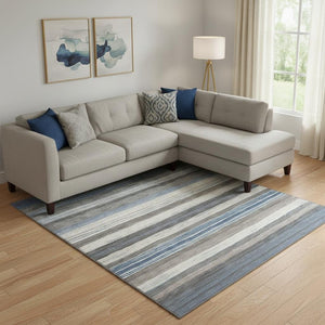 HomeRoots 10' X 14' Striped Denim Blue, Ivory & Gray Area Rug - Washable, Stain-Resistant, UV Protected Design 697692