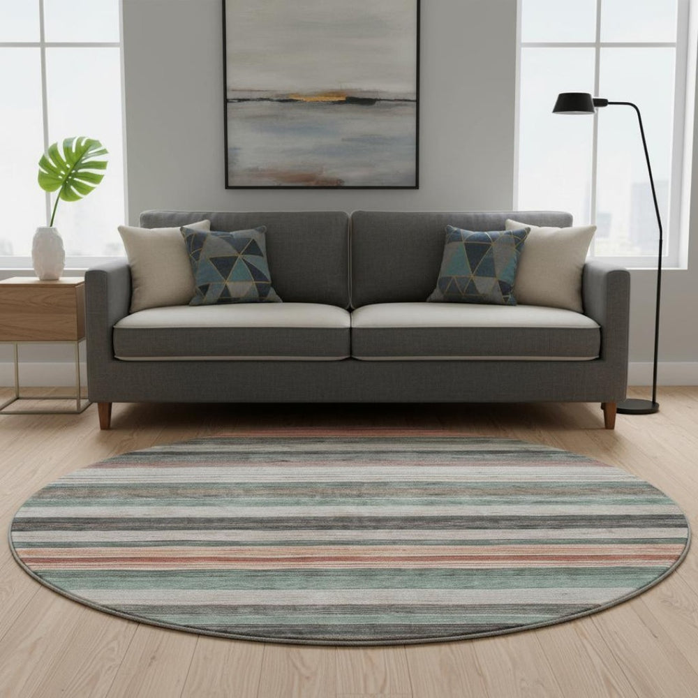 HomeRoots 8' Pale Aqua Striped Round Rug with UV Protection - Washable, Stain-Resistant, Perfect for Any Space! 697695