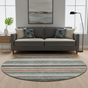 HomeRoots 8' Pale Aqua Striped Round Rug with UV Protection - Washable, Stain-Resistant, Perfect for Any Space! 697695